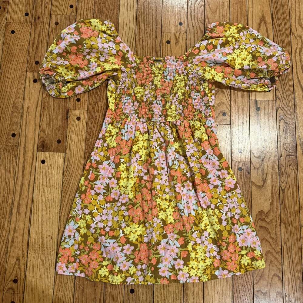 Billabong Women L Floral Mini Dress Square Neck Puff Sleeve Smocked Boho - Picture 8 of 12